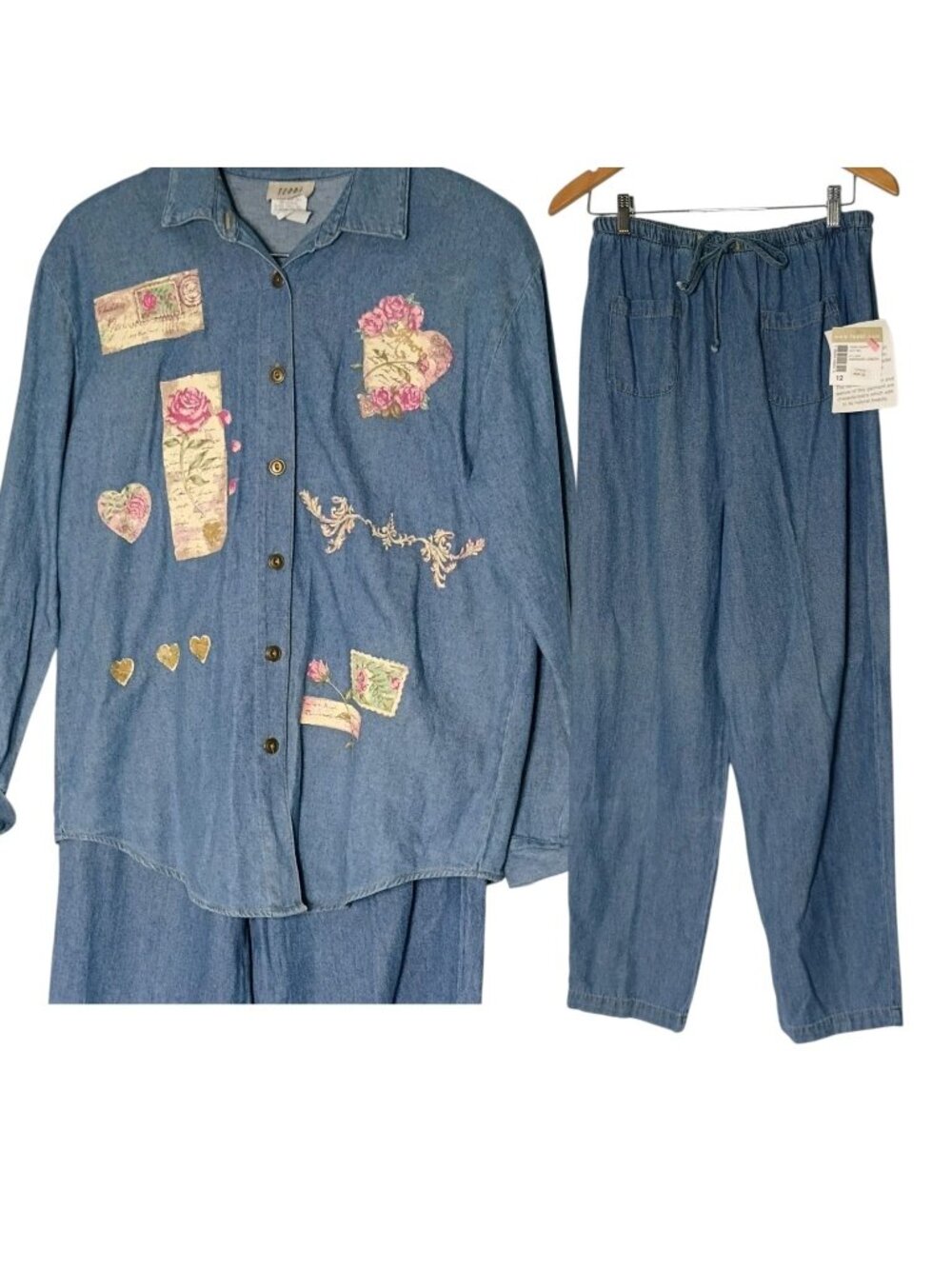Vintage Teddi 2 Piece Denim Cottage Pant Top Set 12 New Wide Leg Grannycore READ